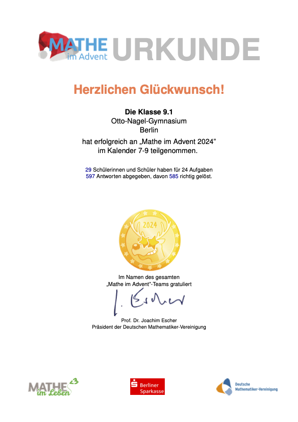 Mathe im Advent 2024 9.1 Preis Urkunde Auszeichnung